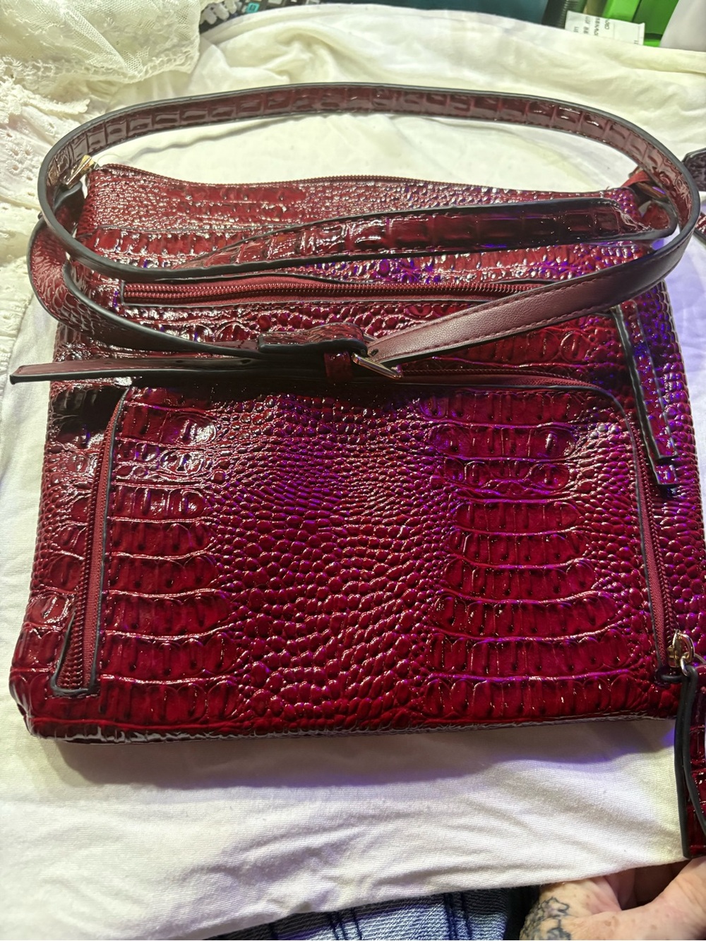 Croc-Embossed Red Crossbody Bag with Adjustable Strap